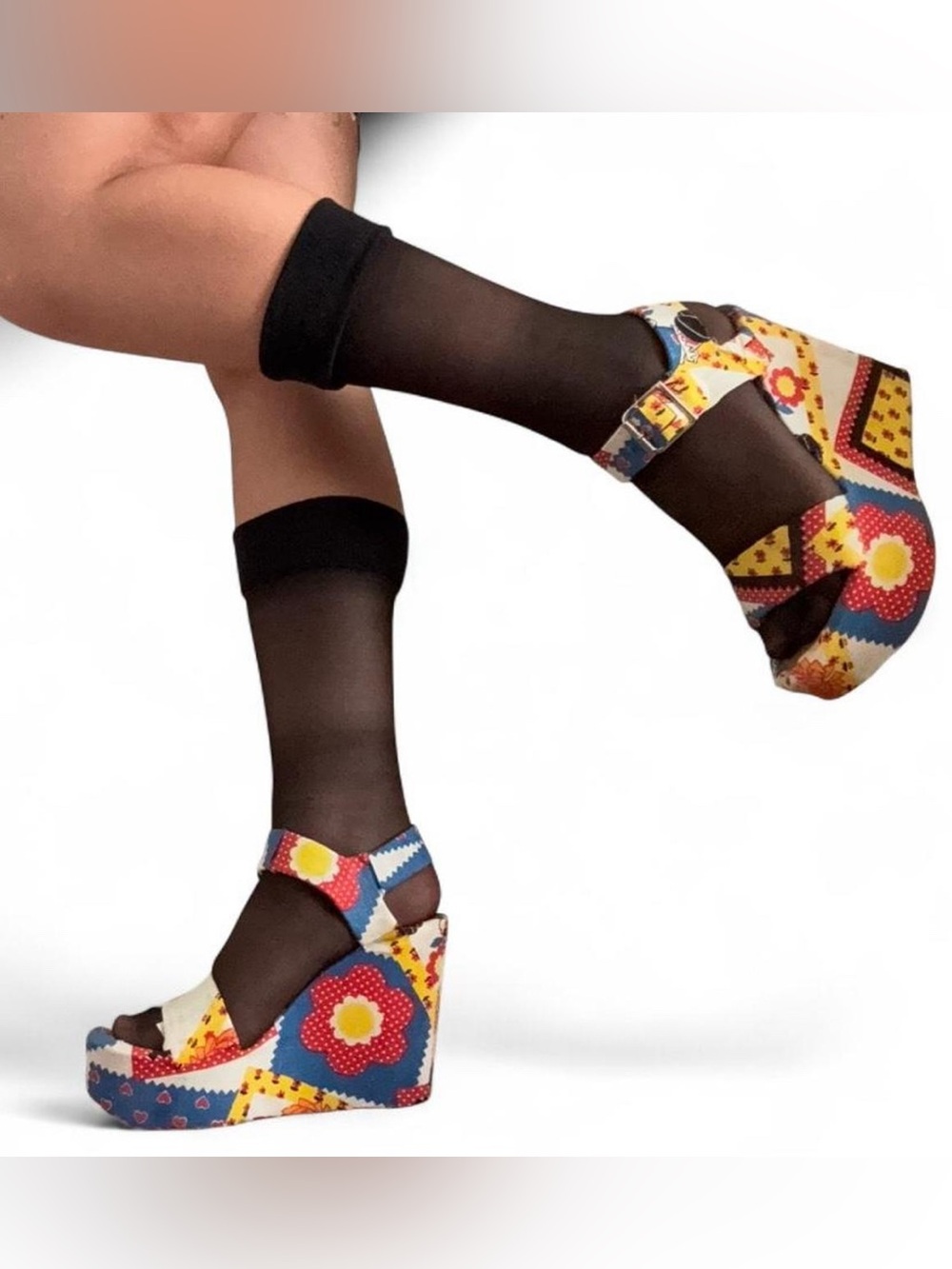 Custom Reupholstered 70s Raggedy Ann Patchwork Platform Sandals